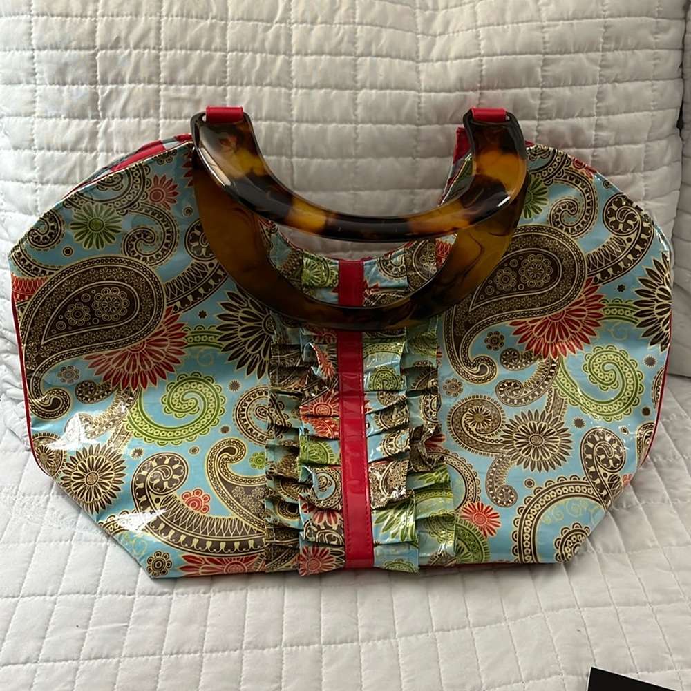 Mud Pie PVC  Coated Cotton Tote w/ Contrast Lining & Heavy Duty Rigid Hsndles